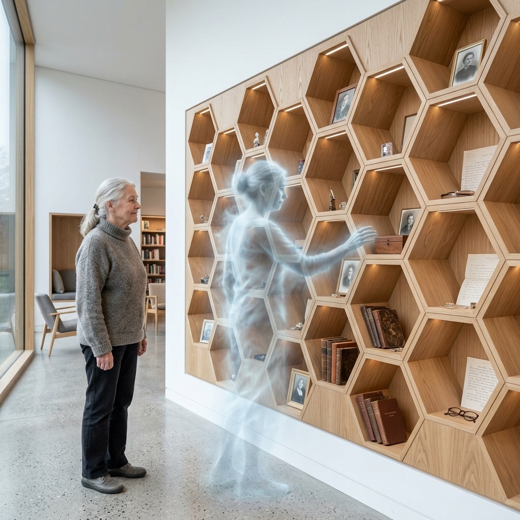 Femme contemplant une présence lumineuse dans des niches hexagonales en bois — mémoire préservée